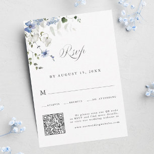 Elegante Blauwe Witte Groene Bloemige Trouw-QR-cod RSVP Kaartje