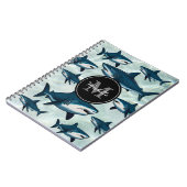 Elegante blauwe witte haai Persoonlijk monogram Notitieboek (Linkerzijde)