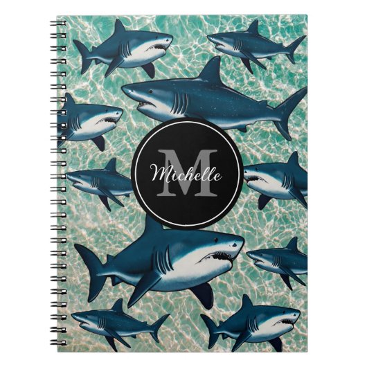 Elegante blauwe witte haai Persoonlijk Monogram Notitieboek (Voorkant)