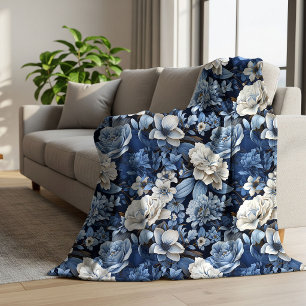 Elegante Blauwe Witte Ivoren Bloemrijke Luxe Worpd Sherpa Deken