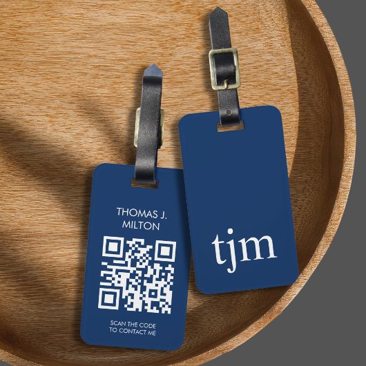 Elegante Blauwe Witte Krachtige Monogram QR Code Bagagelabel