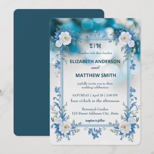 Elegante Blauwe & Witte Overlay Bloemen bruiloft Kaart (Voorkant / Achterkant)