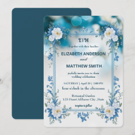 Elegante Blauwe & Witte Overlay Bloemen bruiloft Kaart