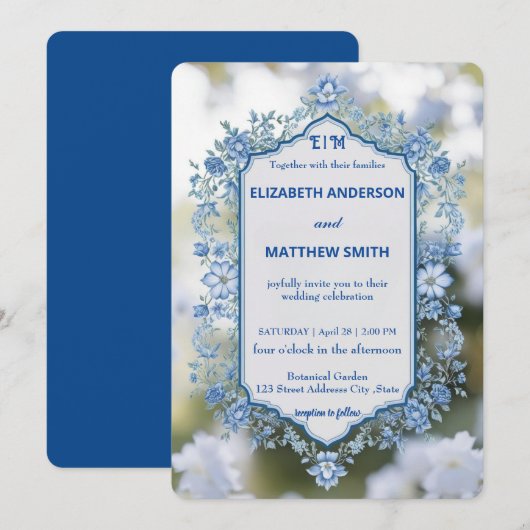 Elegante Blauwe & Witte Overlay Bloemen bruiloft Kaart (Voorkant / Achterkant)