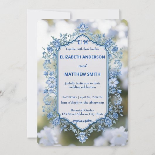 Elegante Blauwe & Witte Overlay Bloemen bruiloft Kaart (Voorkant)