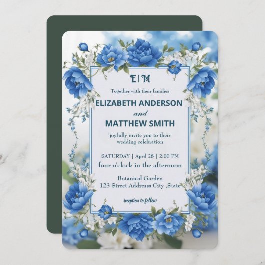 Elegante Blauwe & Witte Overlay Bloemen bruiloft Kaart (Voorkant / Achterkant)