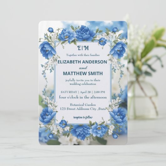 Elegante Blauwe & Witte Overlay Bloemen bruiloft Kaart (Staand voorkant)