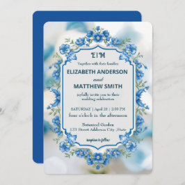 Elegante Blauwe & Witte Overlay Bloemen bruiloft Kaart
