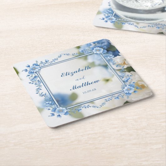 Elegante Blauwe & Witte Overlay Bloemen bruiloft Kartonnen Onderzetters (Schuin)