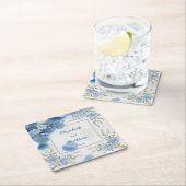 Elegante Blauwe & Witte Overlay Bloemen bruiloft Kartonnen Onderzetters (Insitu)