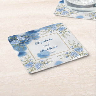 Elegante Blauwe & Witte Overlay Bloemen bruiloft Kartonnen Onderzetters