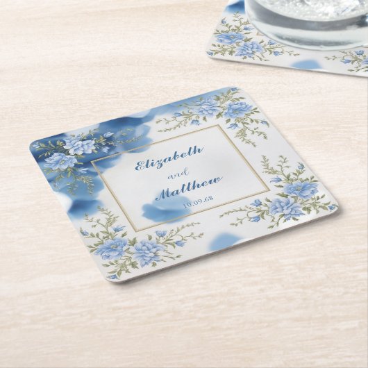 Elegante Blauwe & Witte Overlay Bloemen bruiloft Kartonnen Onderzetters (Schuin)