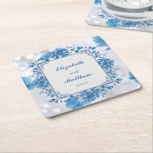Elegante Blauwe & Witte Overlay Bloemen bruiloft Kartonnen Onderzetters