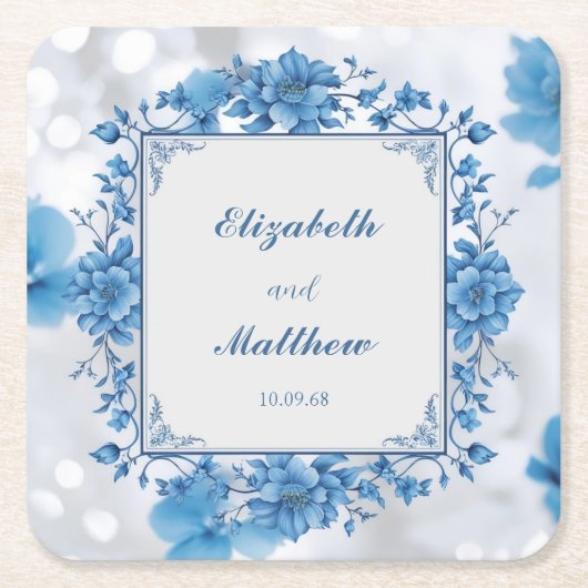 Elegante Blauwe & Witte Overlay Bloemen bruiloft Kartonnen Onderzetters (Voorkant)