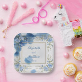 Elegante Blauwe & Witte Overlay Bloemen bruiloft Papieren Bordje (Feest)