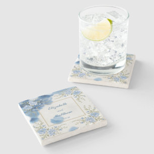 Elegante Blauwe & Witte Overlay Bloemen bruiloft Stenen Onderzetter