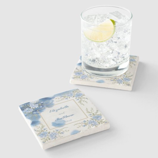 Elegante Blauwe & Witte Overlay Bloemen bruiloft Stenen Onderzetter (Zijkant)