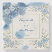 Elegante Blauwe & Witte Overlay Bloemen bruiloft Stenen Onderzetter (Voorkant)
