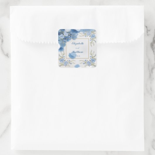 Elegante Blauwe & Witte Overlay Bloemen bruiloft Vierkante Sticker (Tas)