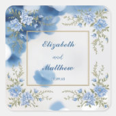 Elegante Blauwe & Witte Overlay Bloemen bruiloft Vierkante Sticker (Voorkant)