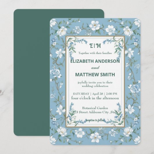 Elegante Blauwe & Witte Overlay foto Bloemen bruil Kaart (Voorkant / Achterkant)