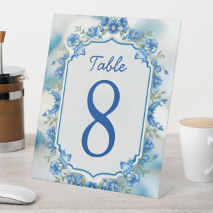 Elegante Blauwe & Witte Overlay foto Bloemen bruil Reclamebord Met Voetstuk