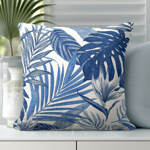 Elegante Blauwe Witte Palmbladeren Worp Kussen