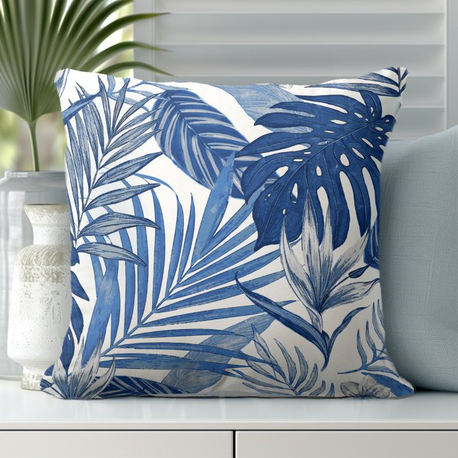 Elegante Blauwe Witte Palmbladeren Worp Kussen (Creator heeft geüpload)