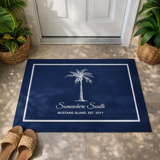 Elegante Blauwe Witte Palmboom Persoonlijk Deurmat