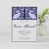 Elegante Blauwe, Witte Pasen Brunch Konijnenvogels Kaart (Staand voorkant)