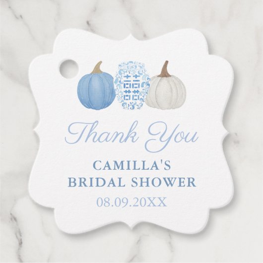 Elegante Blauwe & Witte Pompoenen Herfst Bruiloft Bedankjes Labels (Voorkant)