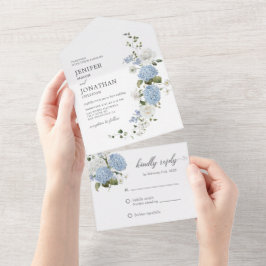 Elegante Blauwe Witte Rozen Bloemige All In One Uitnodiging