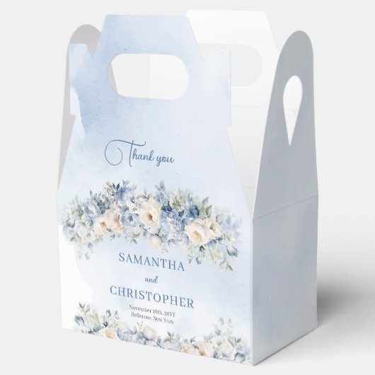 Elegante blauwe & witte rozen eucalyptus gouden br bedankdoosjes (Geopend)