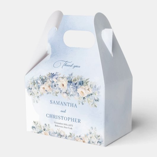 Elegante blauwe & witte rozen eucalyptus gouden br bedankdoosjes (Voorkant Zijde)