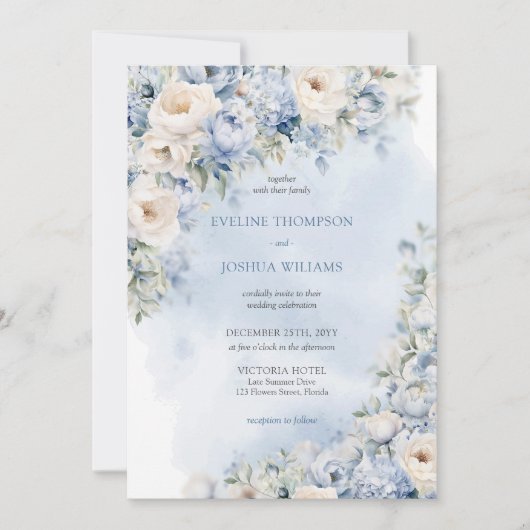 Elegante blauwe & witte rozen eucalyptus gouden br kaart (Voorkant)