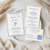 Elegante Blauwe & Witte Script Bruiloftdetails Informatiekaartje