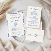 Elegante Blauwe & Witte Script Bruiloftdetails Informatiekaartje