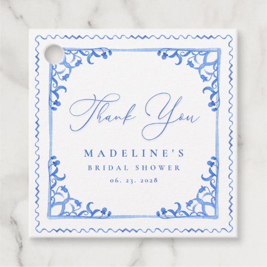 Elegante blauwe witte tegel bruidsdouche bedankjes labels (Voorkant)