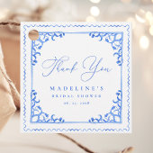 Elegante blauwe witte tegel bruidsdouche bedankjes labels