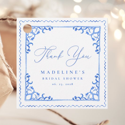 Elegante blauwe witte tegel bruidsdouche bedankjes labels