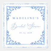 Elegante Blauwe Witte Tegel Bruidsdouche Vierkante Sticker (Voorkant)