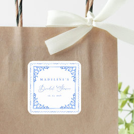 Elegante Blauwe Witte Tegel Bruidsdouche Vierkante Sticker