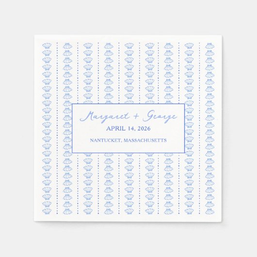 Elegante blauwe zeeschelp nautische kust bruiloft servet (Voorkant)