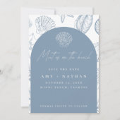 Elegante Blauwe Zeeschelp Strand Bruiloft Save The Date (Voorkant)