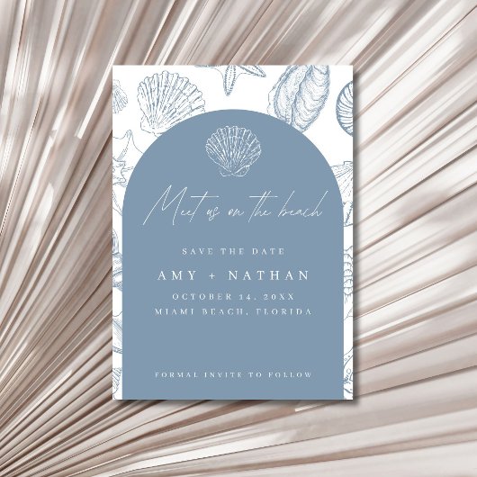 Elegante Blauwe Zeeschelp Strand Bruiloft Save The Date