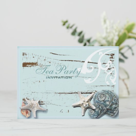 Elegante Blauwe Zeeschelpen Strand bruids theefees Kaart (Staand voorkant)