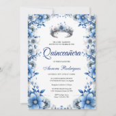 Elegante Blauwe & Zilveren Bloemen Tiara Quinceañe Kaart (Voorkant)