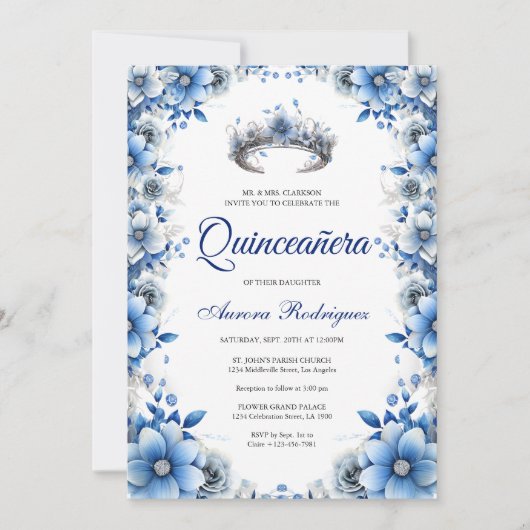 Elegante Blauwe & Zilveren Bloemen Tiara Quinceañe Kaart (Voorkant)