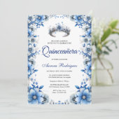 Elegante Blauwe & Zilveren Bloemen Tiara Quinceañe Kaart (Staand voorkant)