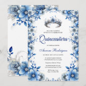 Elegante Blauwe & Zilveren Bloemen Tiara Quinceañe Kaart (Voorkant / Achterkant)